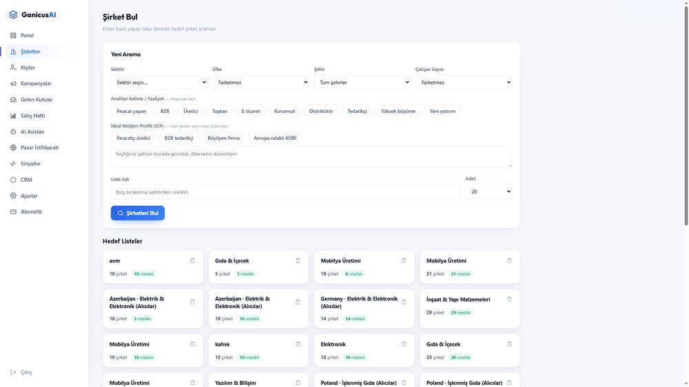 Yapay zeka destekli B2B lead generation yazılımı — kriter bazlı hedef şirket bulma ve CRM