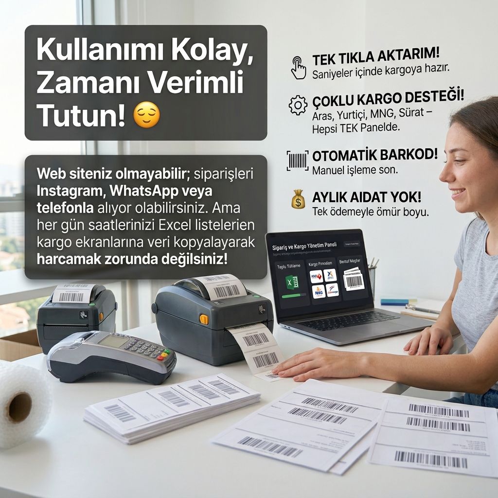 Sipariş ve kargo yönetim paneli — Excel/CSV ile sipariş içe aktarma, çoklu kargo entegrasyonu ve barkodlu etiket hazırlama ekranı