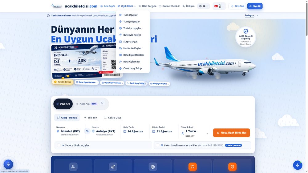 Uçak bileti satış sitesi (OTA) — uçuş arama, karar ekranı, rota fiyat haritası ve online check-in paneli